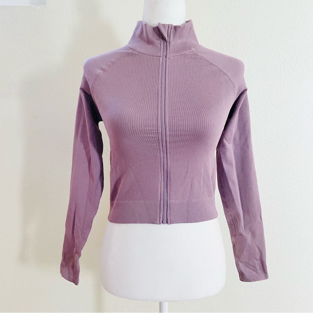 Fabletics Cropped Seamless Rib Train Jacket Misty… - image 4